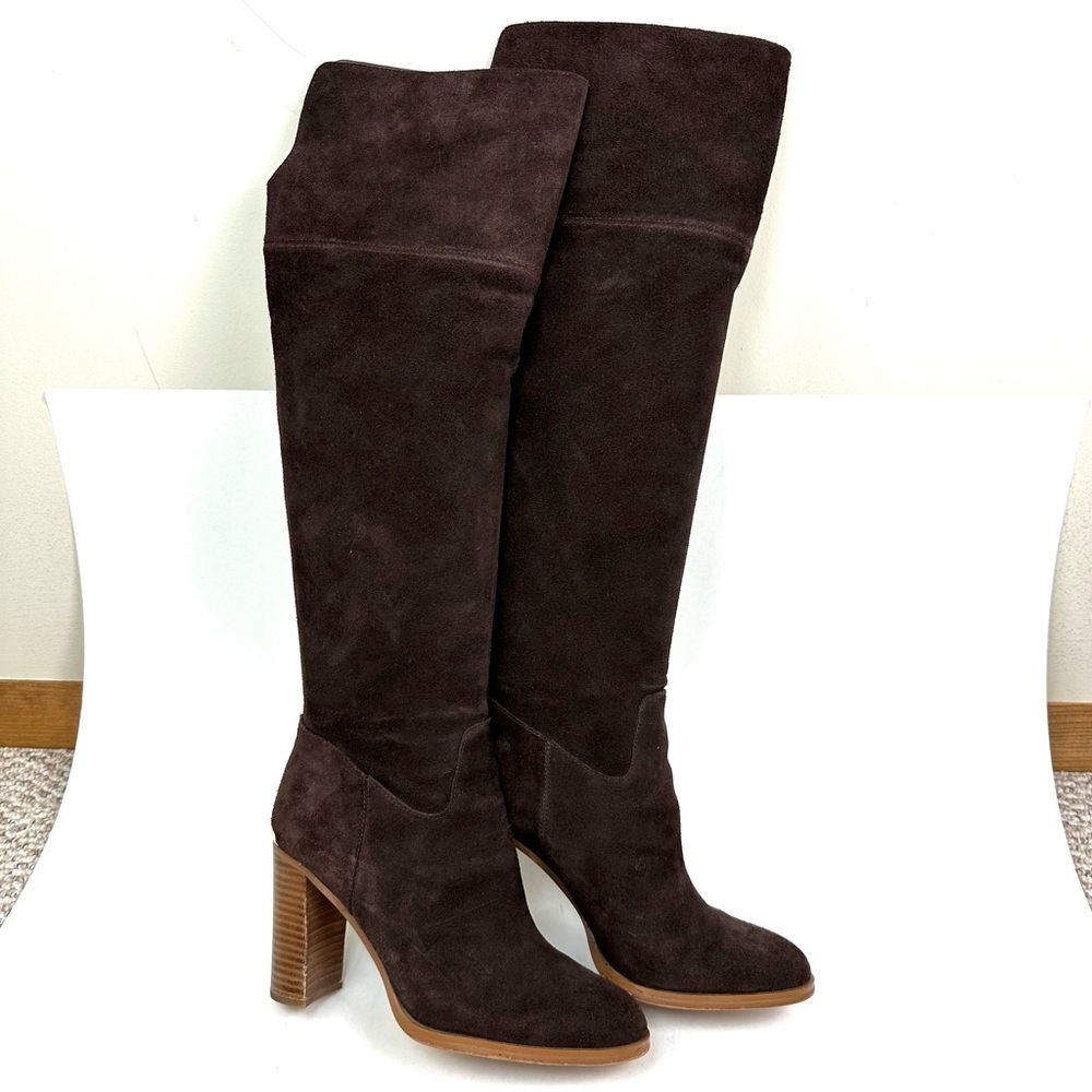 Michael Kors Regina Heeled Boots Riding Over Knee Dark Brown Suede Size 7.5